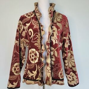 TRIMDIN Vintage Red Cream Floral Ruffle Reversible Artisan USA Blazer Sz Large